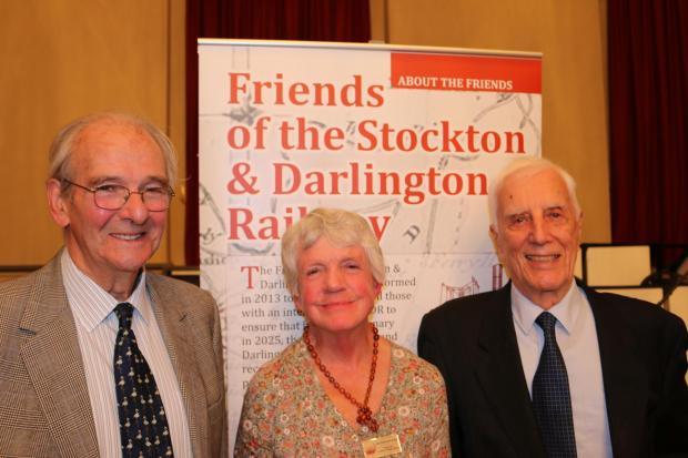 The Northern Echo: George Pease, the 4th Lord Gainford, right, in Central Hall, Darlington, with the fellow descendanyts of railway pioneers Bill Chaytor and Jane Hackworth-Young. Picture: Chris Lloyd
